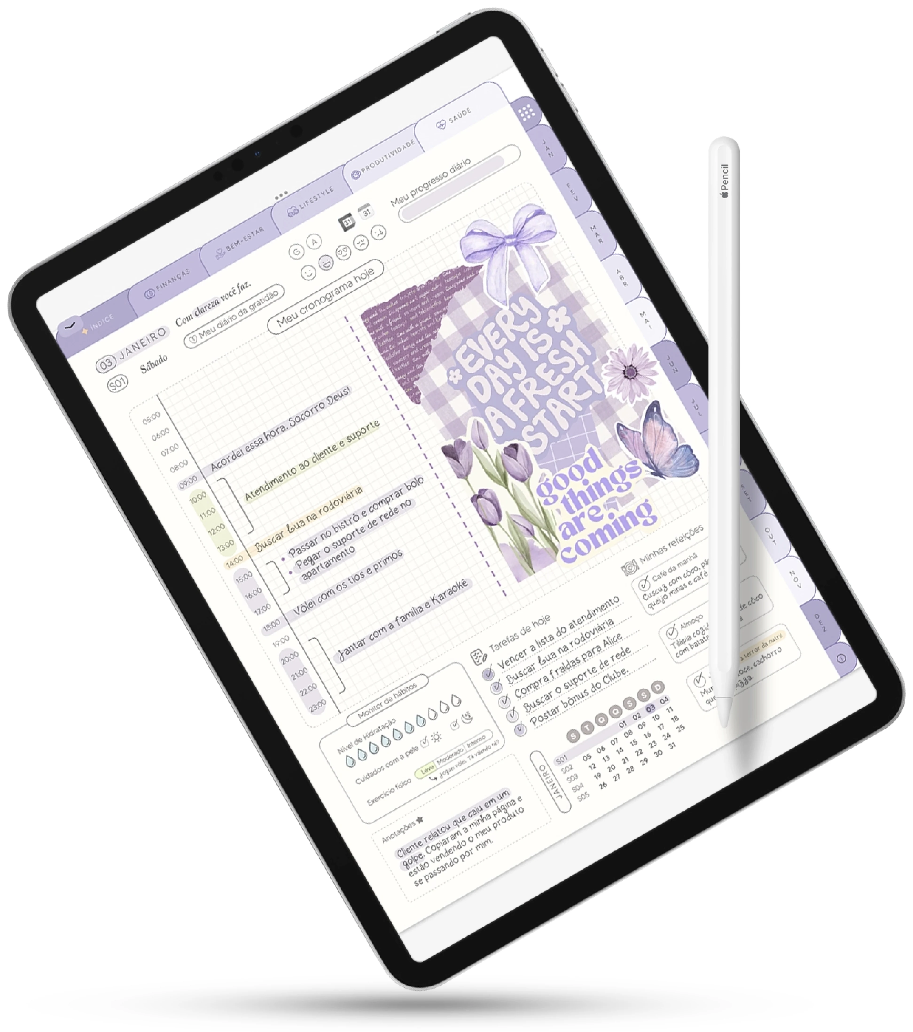 Tablet com a página diária do Meu Planner Feito!