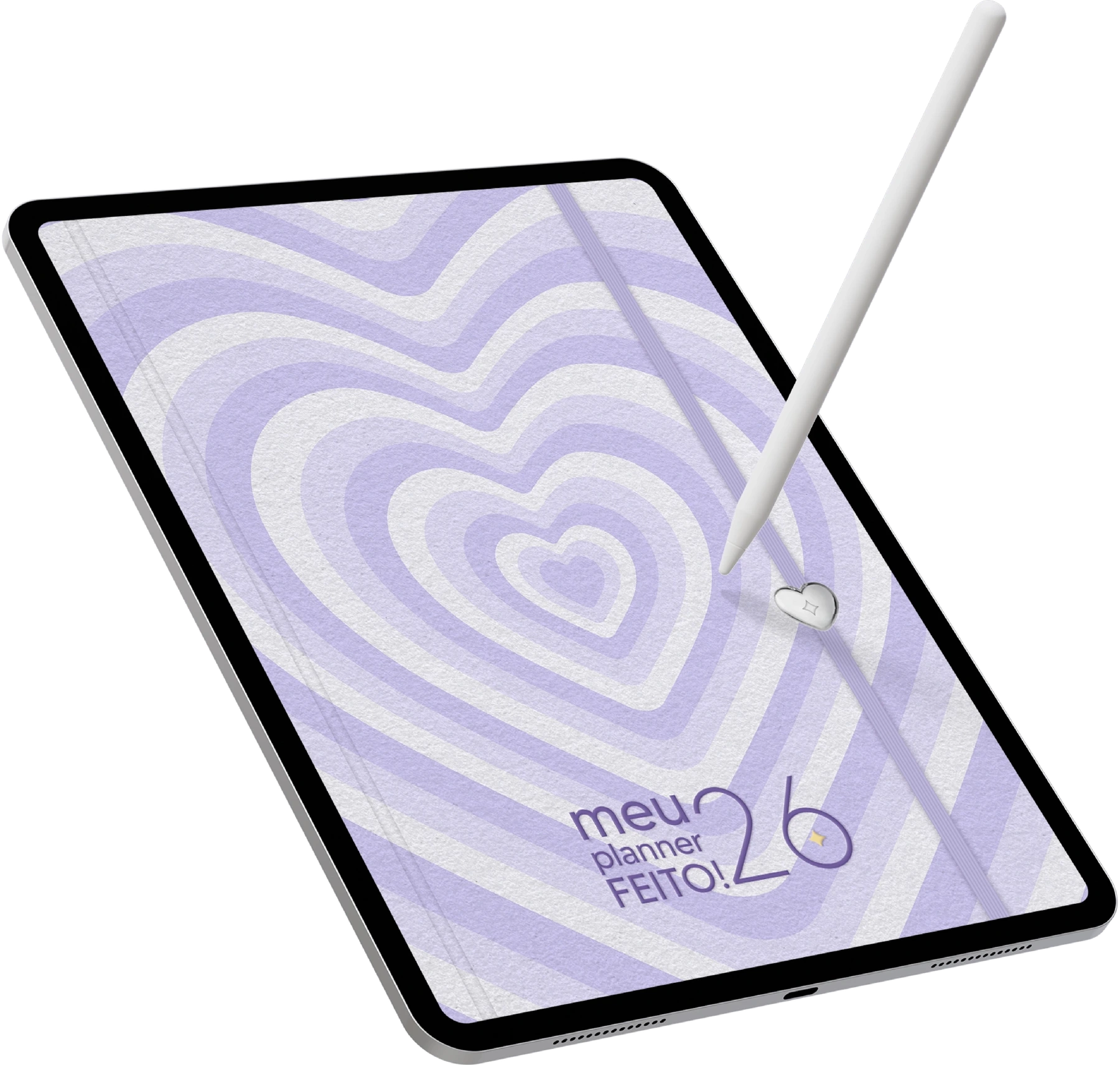 Meu Planner Feito! aberto em um tablet com a Apple Pencil