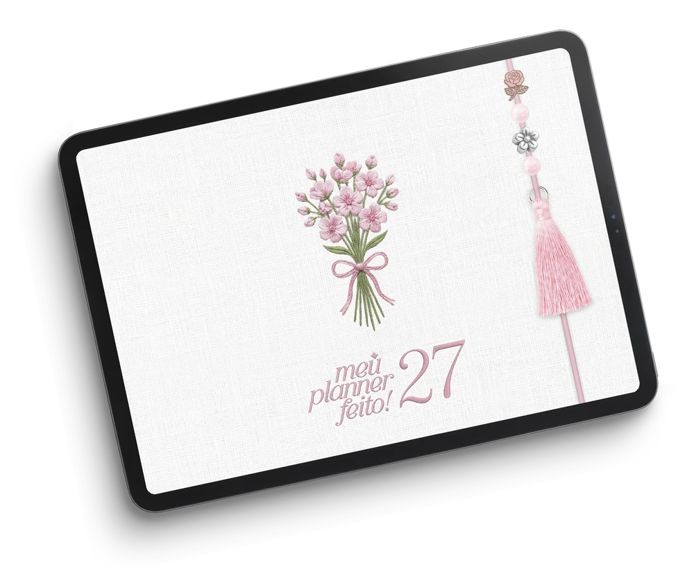Tablet exibindo a capa do Meu Planner Feito! 27