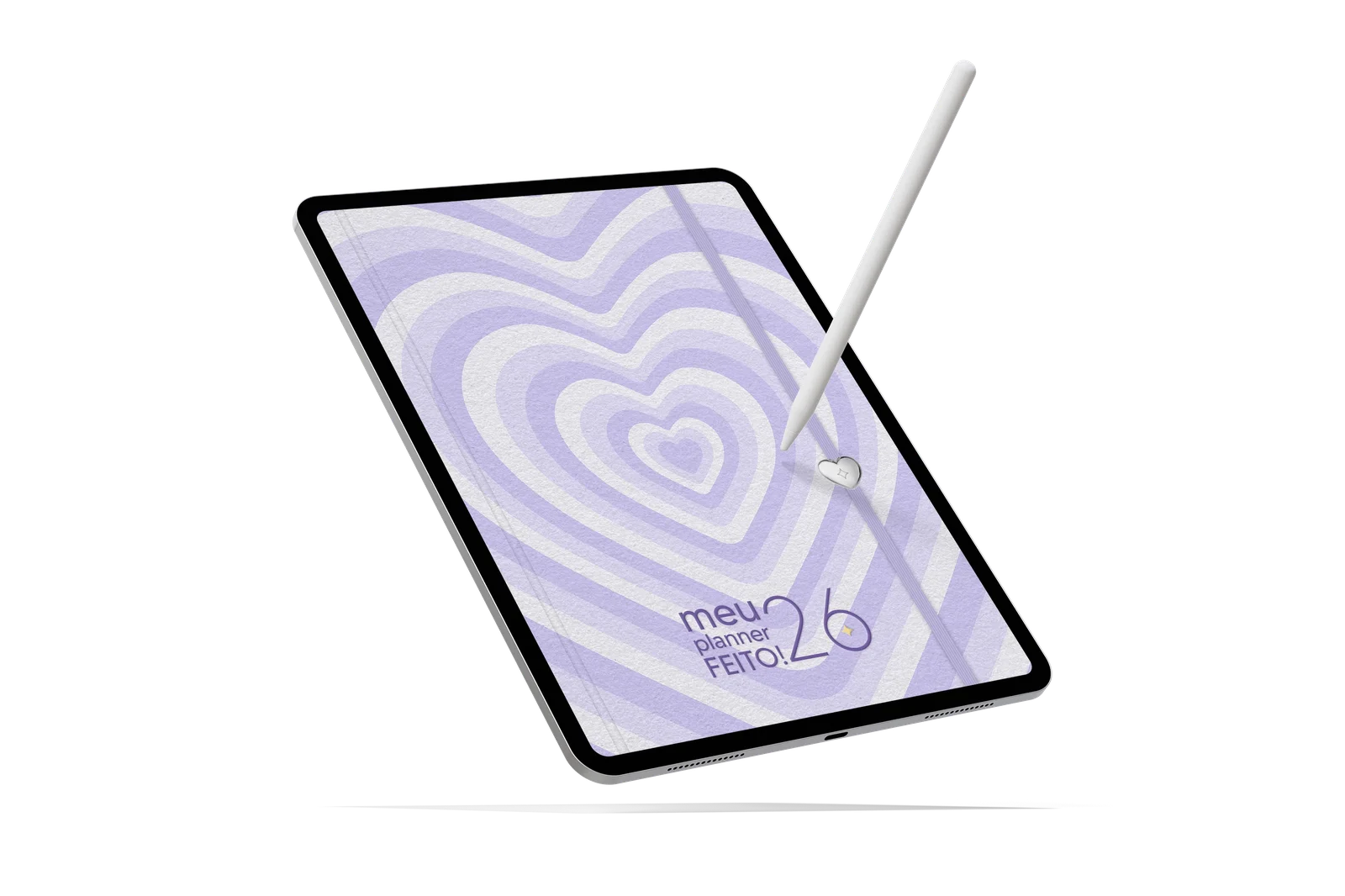 Tablet com Apple Pencil exibindo a capa de coração lilás do Meu Planner FEITO! 2026