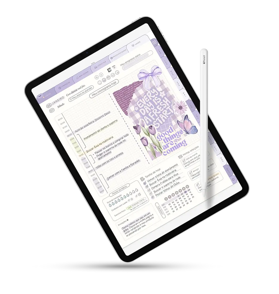 Meu Planner FEITO! 2026 aberto em um tablet mostrando a página diária